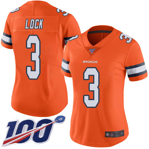 Denver Broncos Limited Women Orange Drew Lock 100th Season Jersey 3 Rush Vapor Untouchable NFL Football Nike